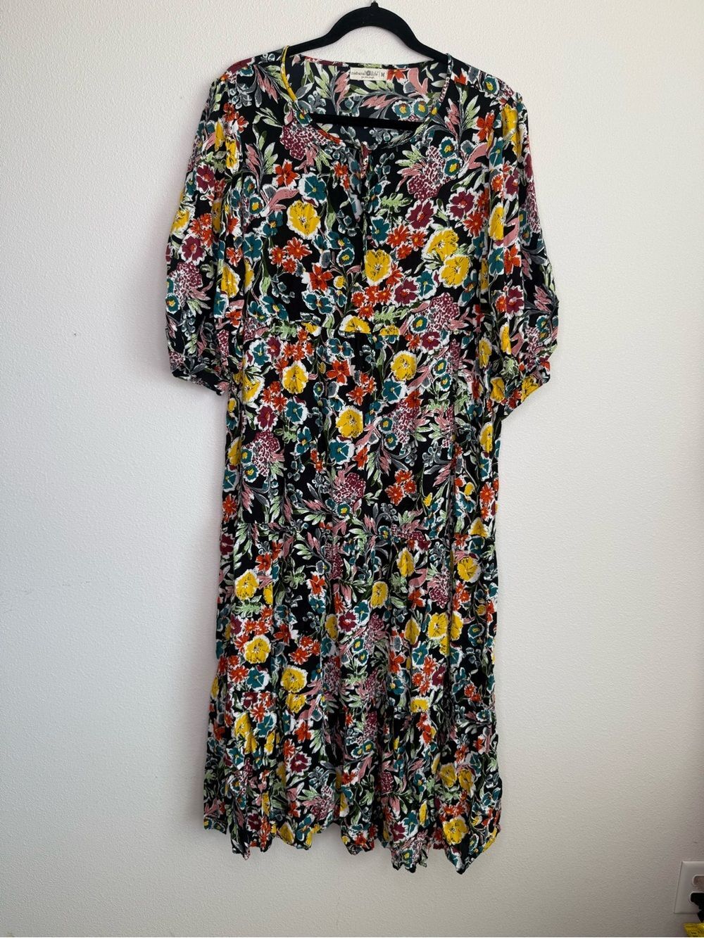 Natural Life Dress Sage V Neck Maxi Tiered Black floral Red Multi Yellow Accents - Picture 3 of 8